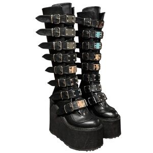 Demonia | Swing-815 Black Knee High Faux Leather Buckle Up Platform Wedge Boots